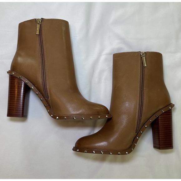 Gianni Bini Shoes - Gianni Bini Brown‎ Leather Studded Ankle Bootie Zip Almond Toe Women's Sz 8 Boot